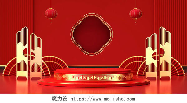 3D年货节C4D红色中国风场景新年立体展台年货节展板背景